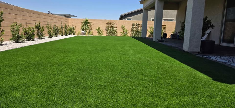 A backyard with a lush green lawn by a top-rated artificial grass installer, Phoenix, surrounded by a beige block wall. Small shrubs line the left and back fences, and part of a house with a covered patio is visible on the right under the clear blue sky.
